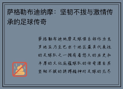 萨格勒布迪纳摩：坚韧不拔与激情传承的足球传奇