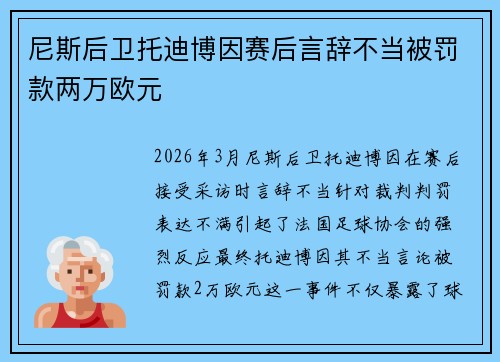 尼斯后卫托迪博因赛后言辞不当被罚款两万欧元