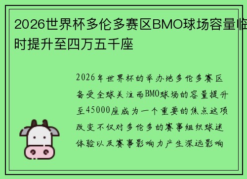 2026世界杯多伦多赛区BMO球场容量临时提升至四万五千座