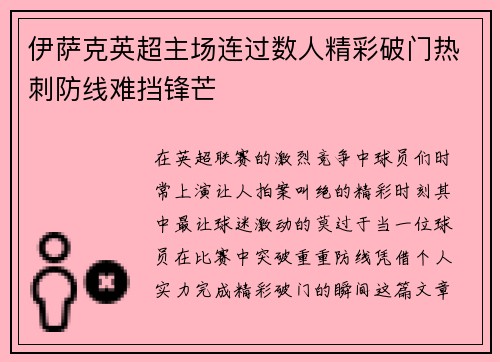 伊萨克英超主场连过数人精彩破门热刺防线难挡锋芒